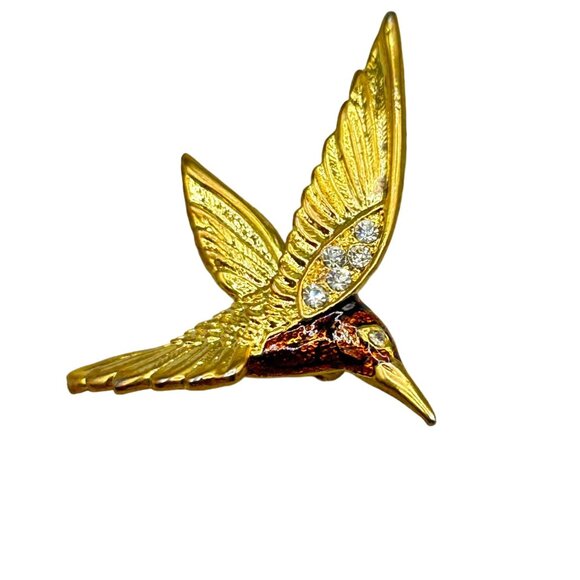 Hummingbird Pin Brooch Small Brown Enamel Little Figural Bird Animal Gold Tone - Picture 1 of 5